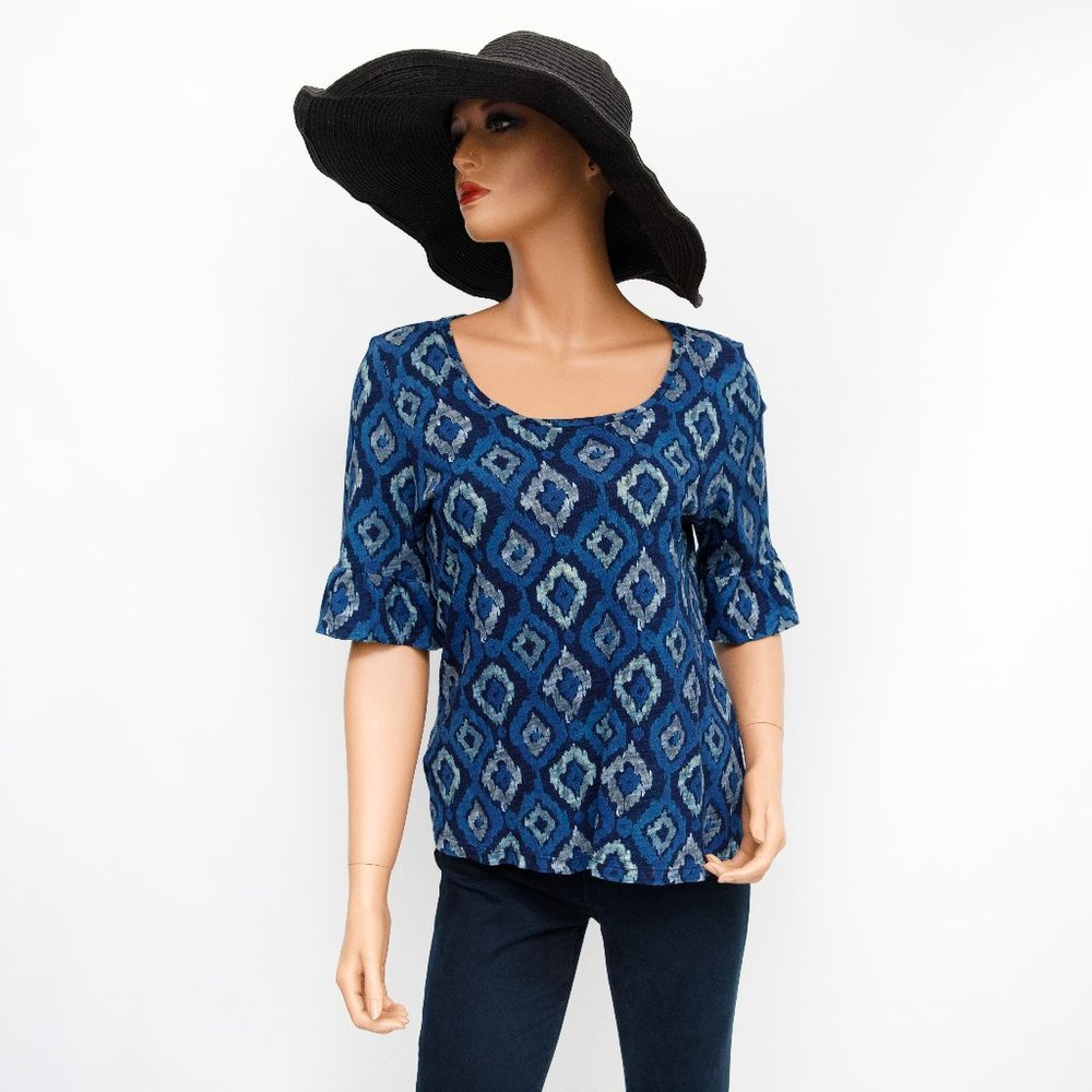 Tommy Bahama Blue Scoop Neck Geometric Blouse Small